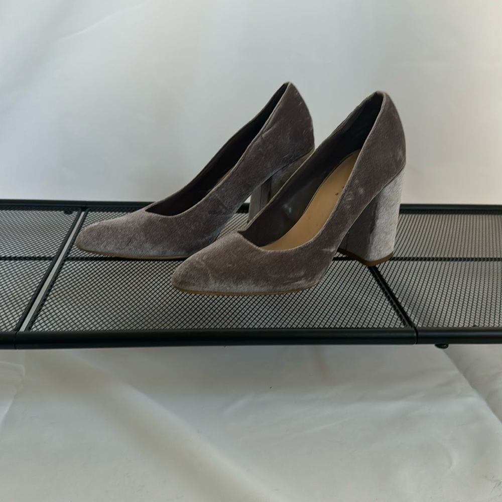 Lilac Gray Velvet Pointed Toe Chunky Heel Pumps | Pump It Up